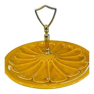 Vintage MCM Harvest Gold Divided Relish Tray Brass Handle USA Pottery 6025
